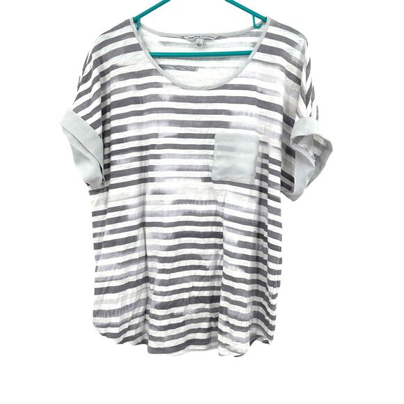 Adrienne Vittadini Size Large Shirt White Black‎ Abstract Stripe Modal Soft Tee - Picture 1 of 4